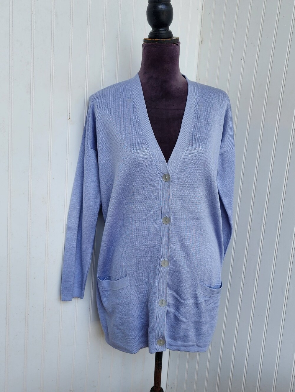 Linda Allard Ellen Tracy 100% Silk Cardigan Sweater Blue Quiet Luxury Button S